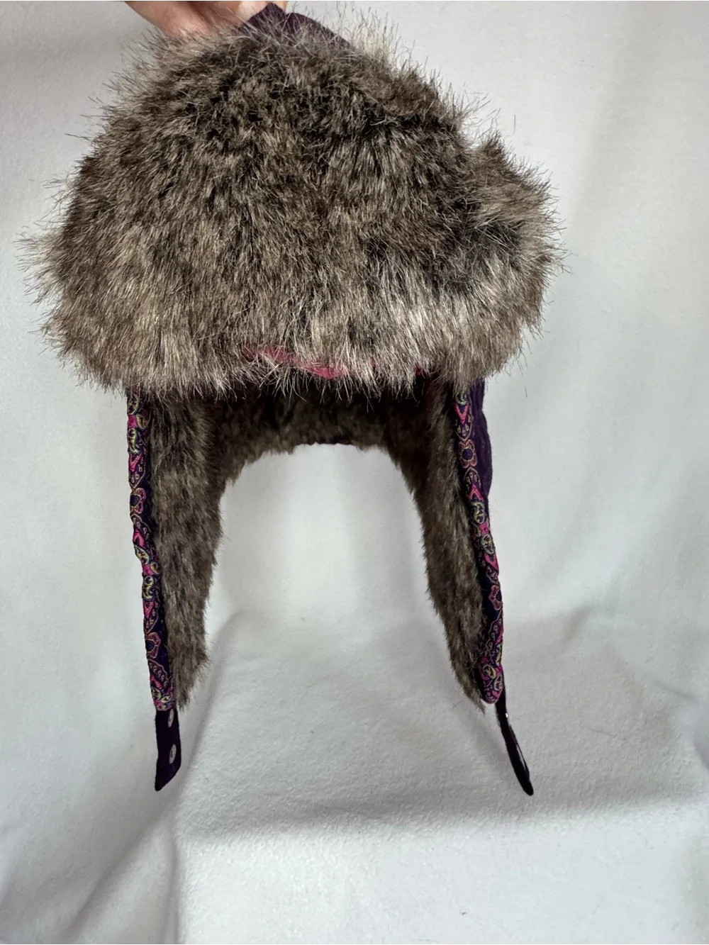 REI Womens S/M Purple Wool Trapper Hat Faux Fur Ear Flap Paisley Y2K Winter